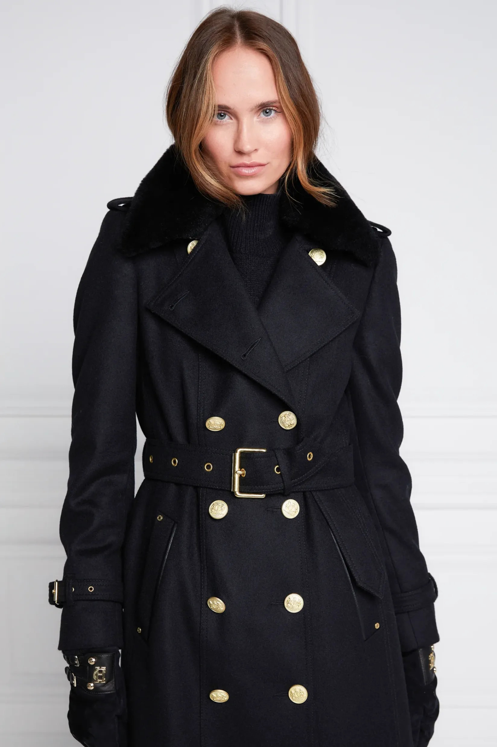 Holland Cooper Trench Coats|Coats-Marlborough Shearling Trench Coat Soft Black