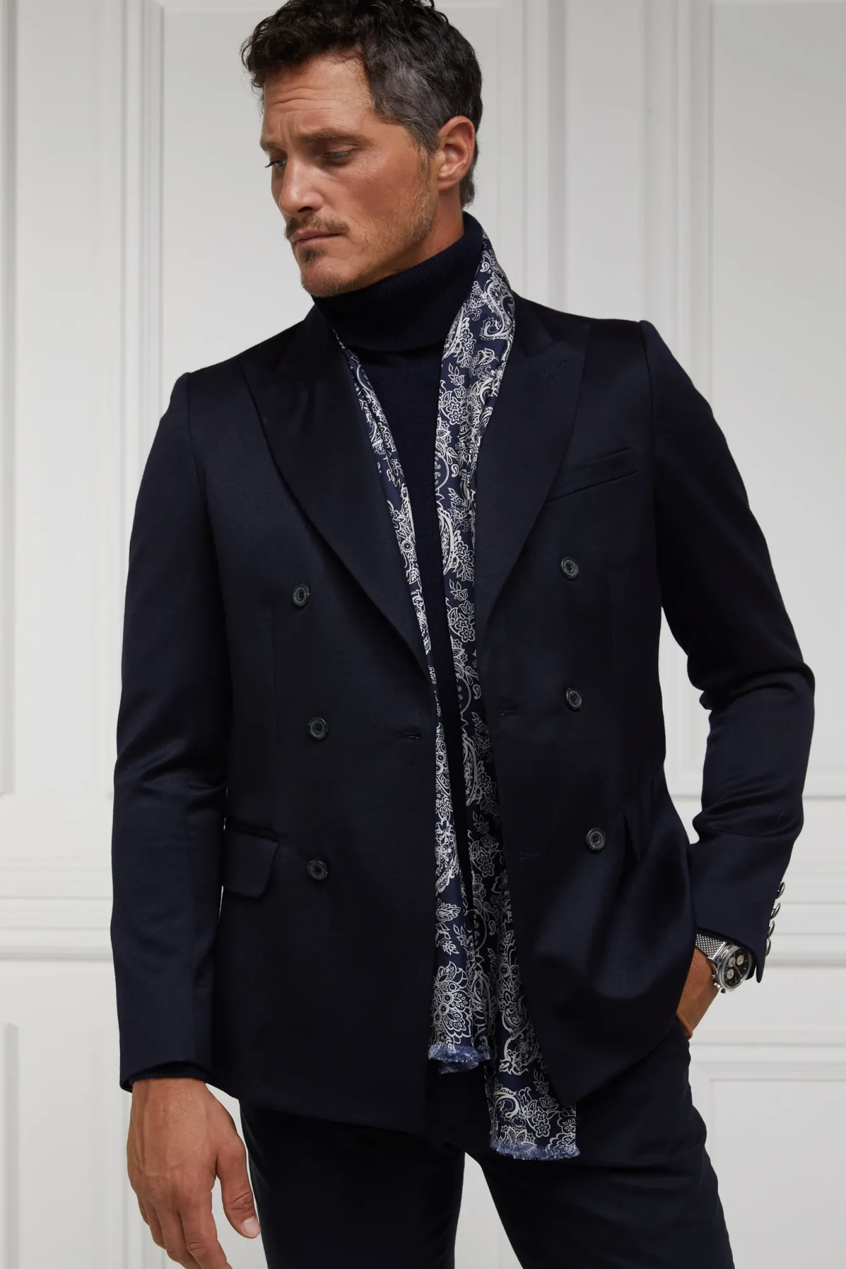 Holland Cooper Gifts For Him|Accessories-Men's Silk Scarf Ink Navy Cream Paisley