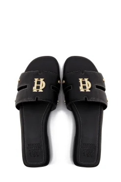 Holland Cooper Footwear|Sandals-Monogram Slides Black Leather