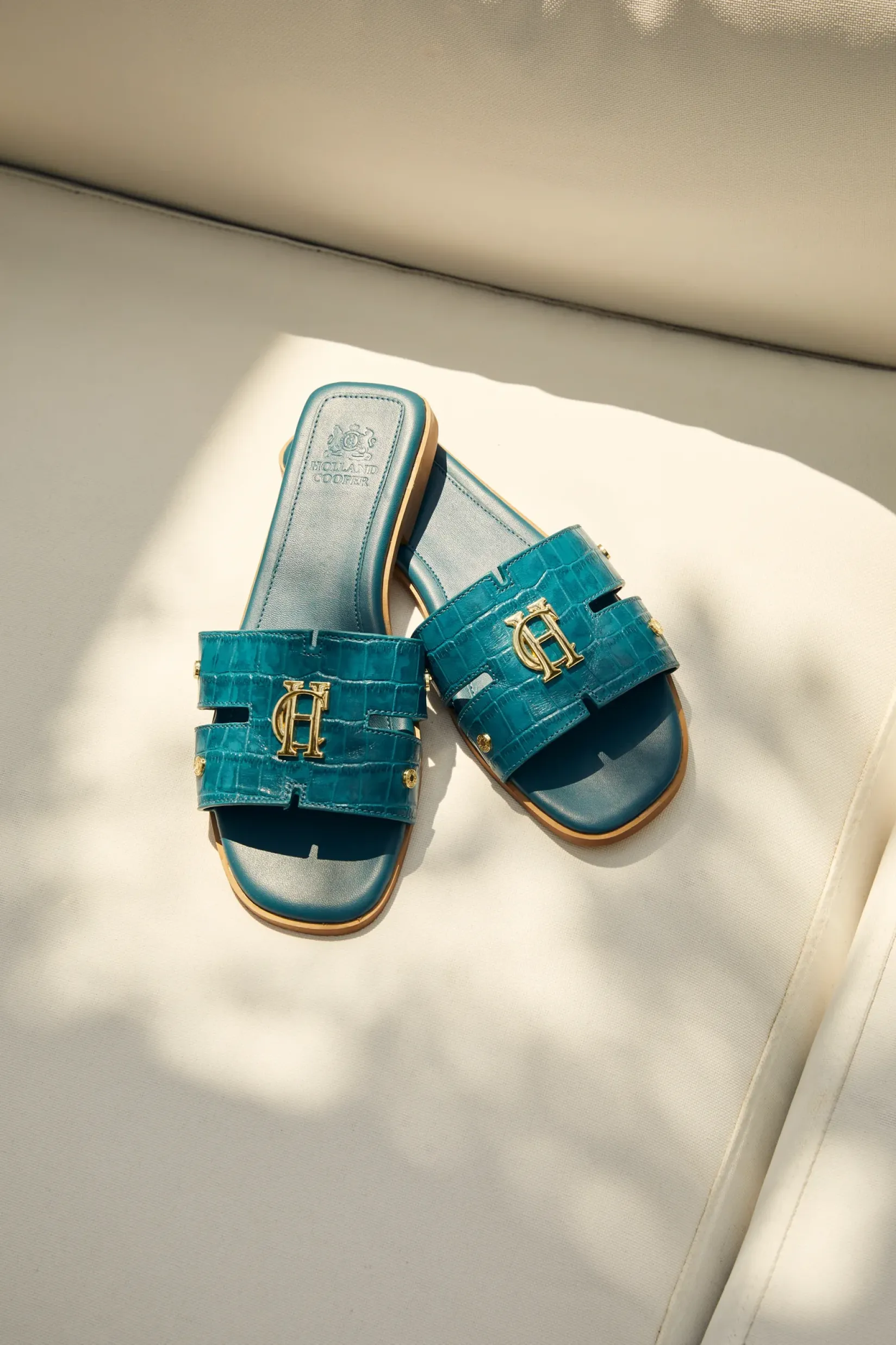 Holland Cooper Sandals|Footwear-Monogram Slides Teal Croc