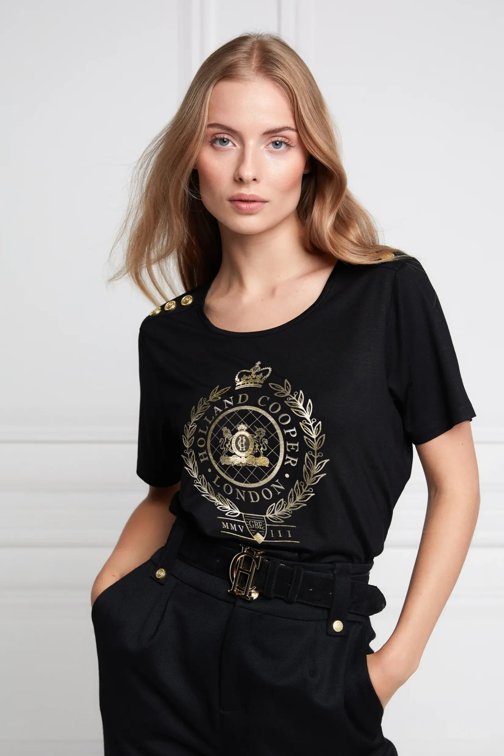 Holland Cooper Tees|Tops-Ornate Crest Tee Black