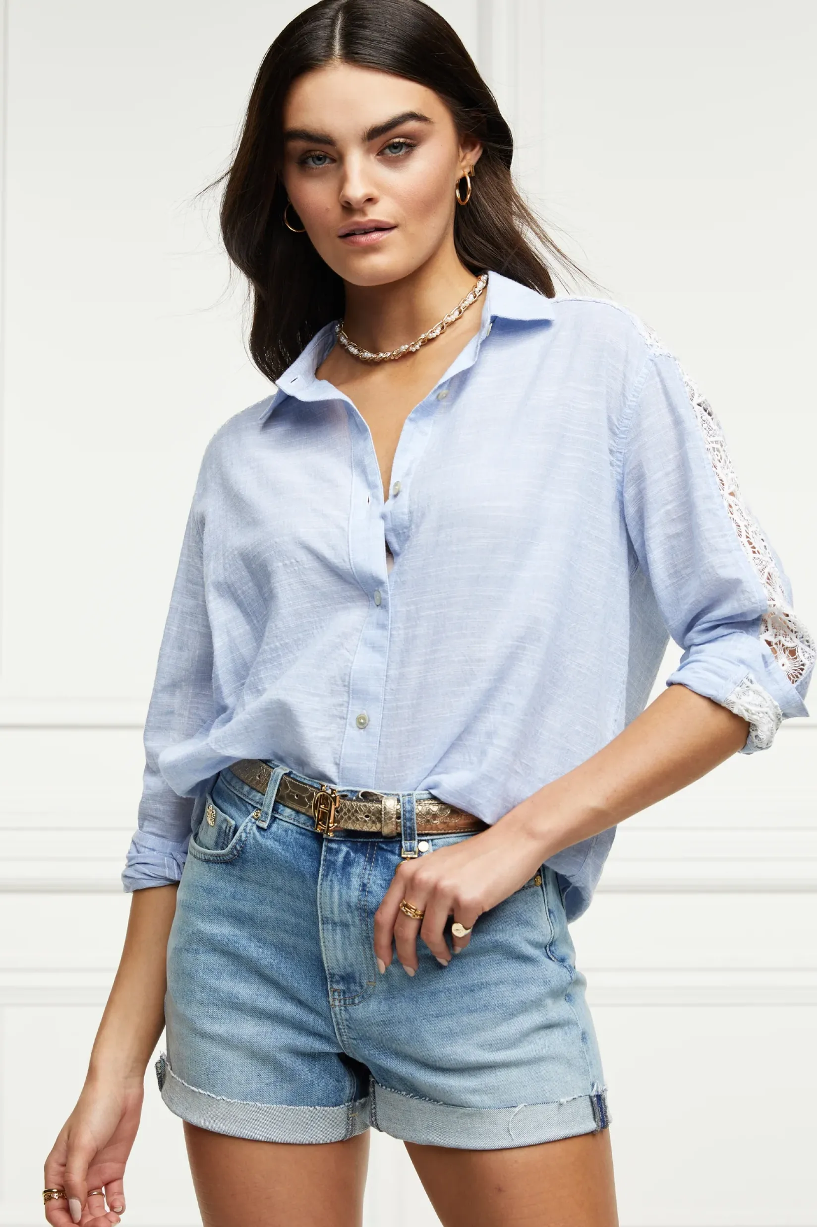 Holland Cooper Shirts & Blouses|Shop By Product-Oversized Cotton Lace Shirt Tick Stripe Sky Blue