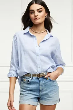 Holland Cooper Shirts & Blouses|Shop By Product-Oversized Cotton Lace Shirt Tick Stripe Sky Blue