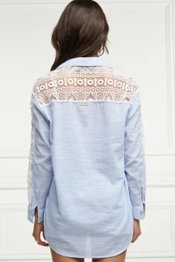 Holland Cooper Shirts & Blouses|Shop By Product-Oversized Cotton Lace Shirt Tick Stripe Sky Blue