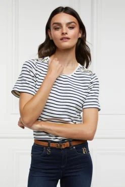 Holland Cooper Tees|Casualwear-Padstow Crew Neck Tee Natural Ink Navy Stripe