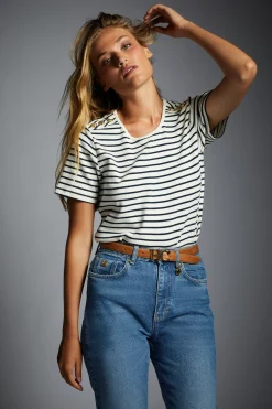 Holland Cooper Tees|Casualwear-Padstow Crew Neck Tee Natural Ink Navy Stripe