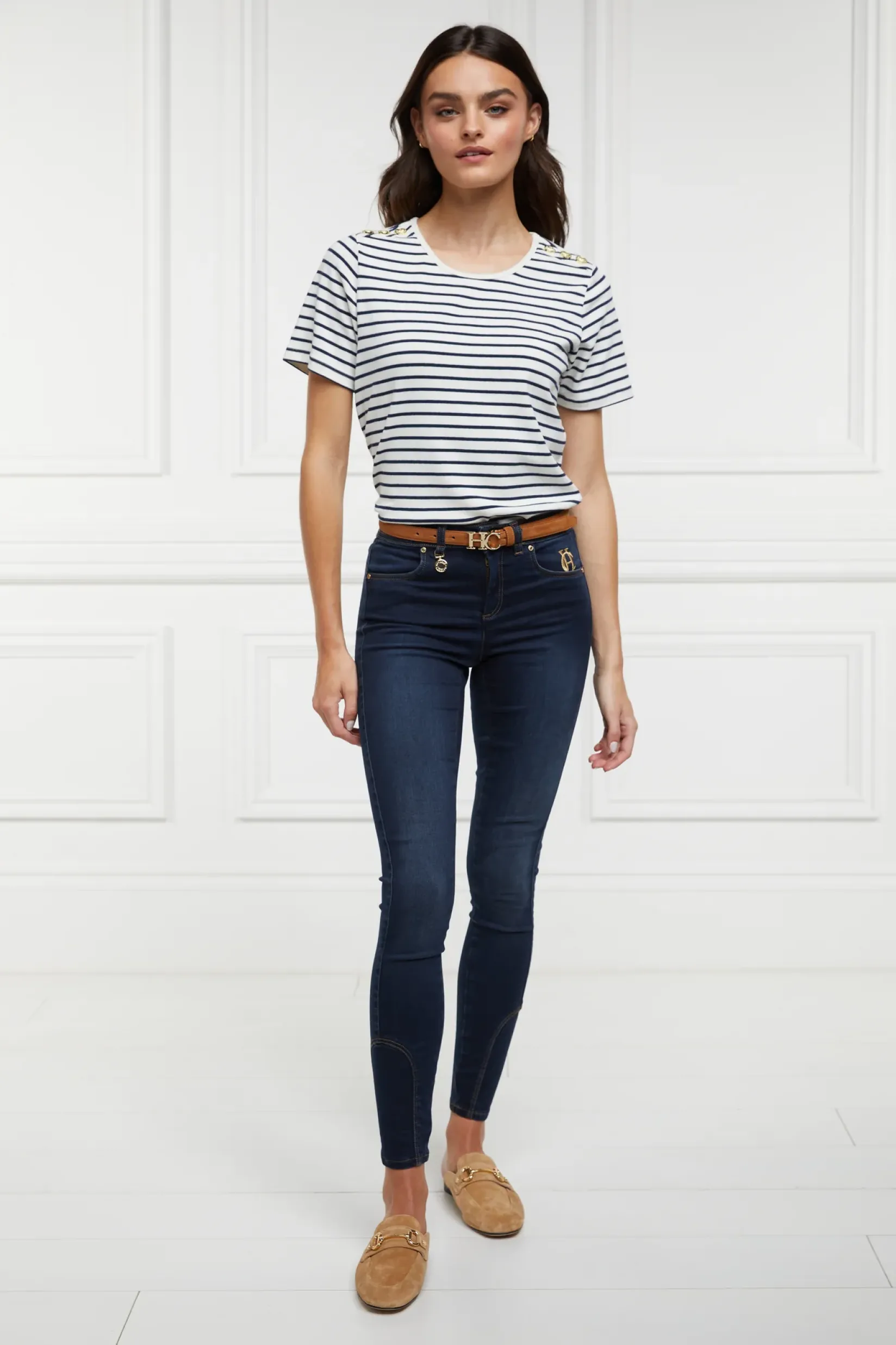 Holland Cooper Tees|Casualwear-Padstow Crew Neck Tee Natural Ink Navy Stripe