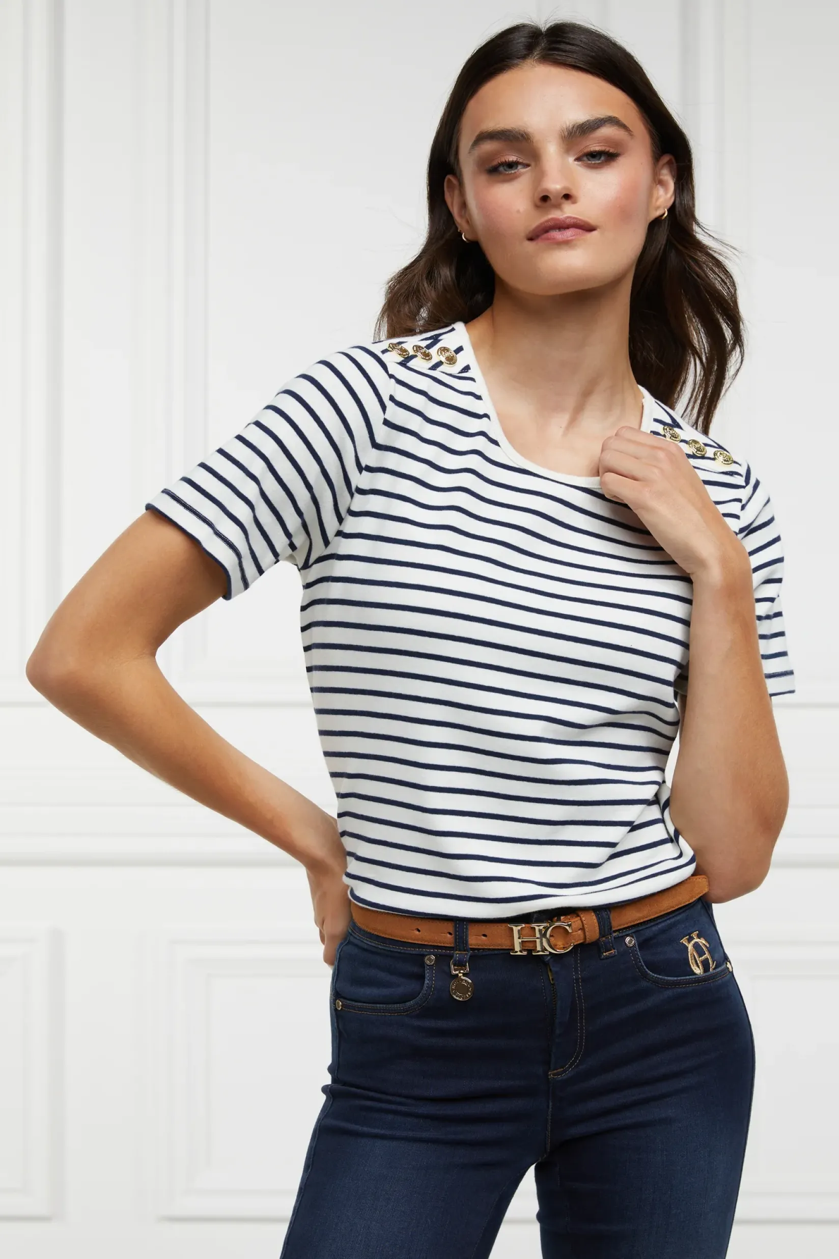 Holland Cooper Tees|Casualwear-Padstow Crew Neck Tee Natural Ink Navy Stripe