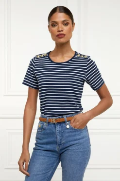Holland Cooper Tees|Casualwear-Padstow Crew Neck Tee Ink Navy Natural Stripe