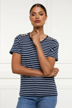 Holland Cooper Tees|Casualwear-Padstow Crew Neck Tee Ink Navy Natural Stripe