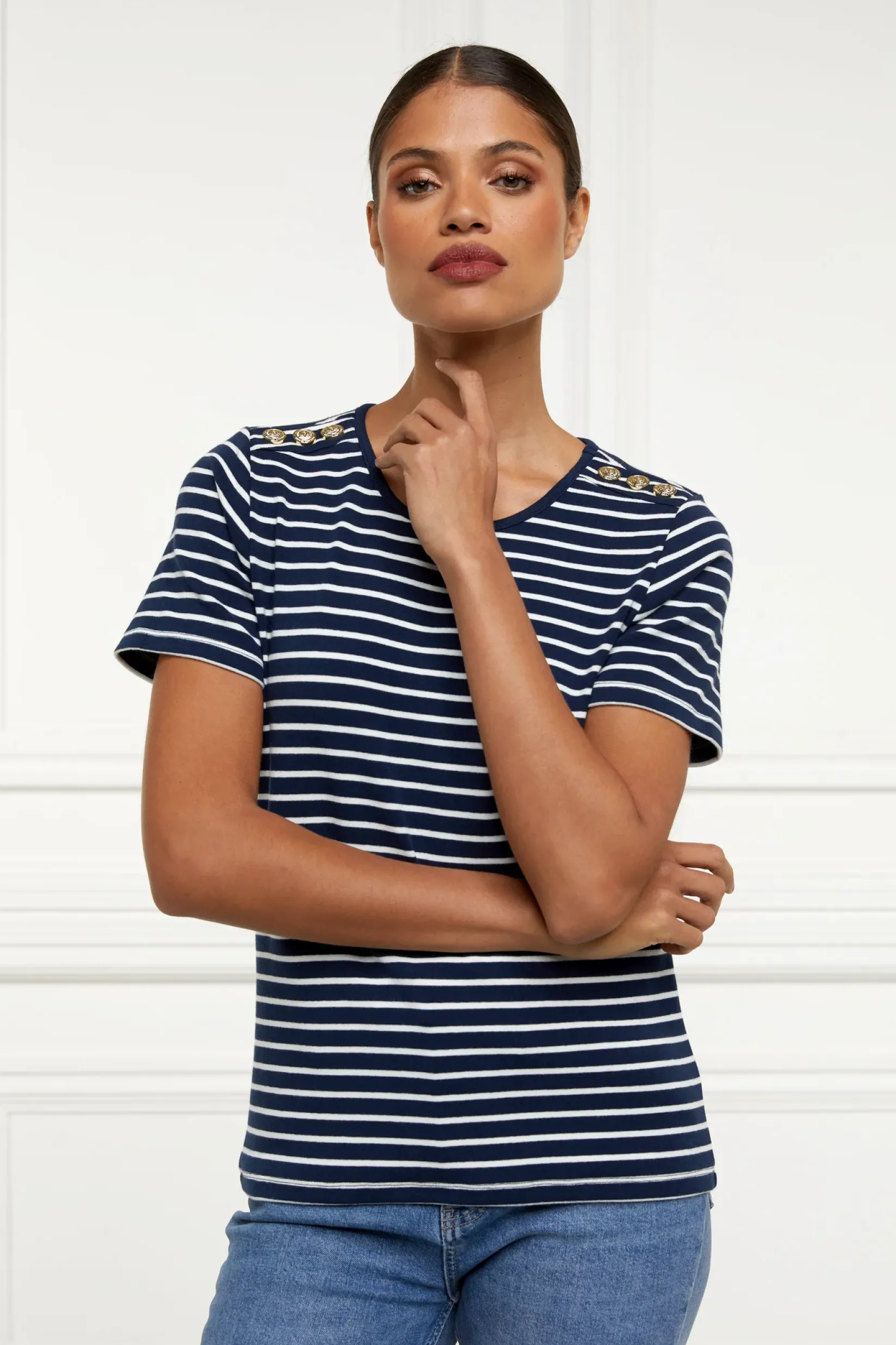 Holland Cooper Tees|Casualwear-Padstow Crew Neck Tee Ink Navy Natural Stripe