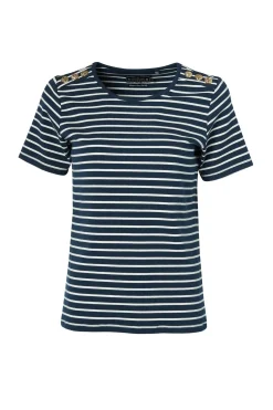 Holland Cooper Tees|Casualwear-Padstow Crew Neck Tee Ink Navy Natural Stripe