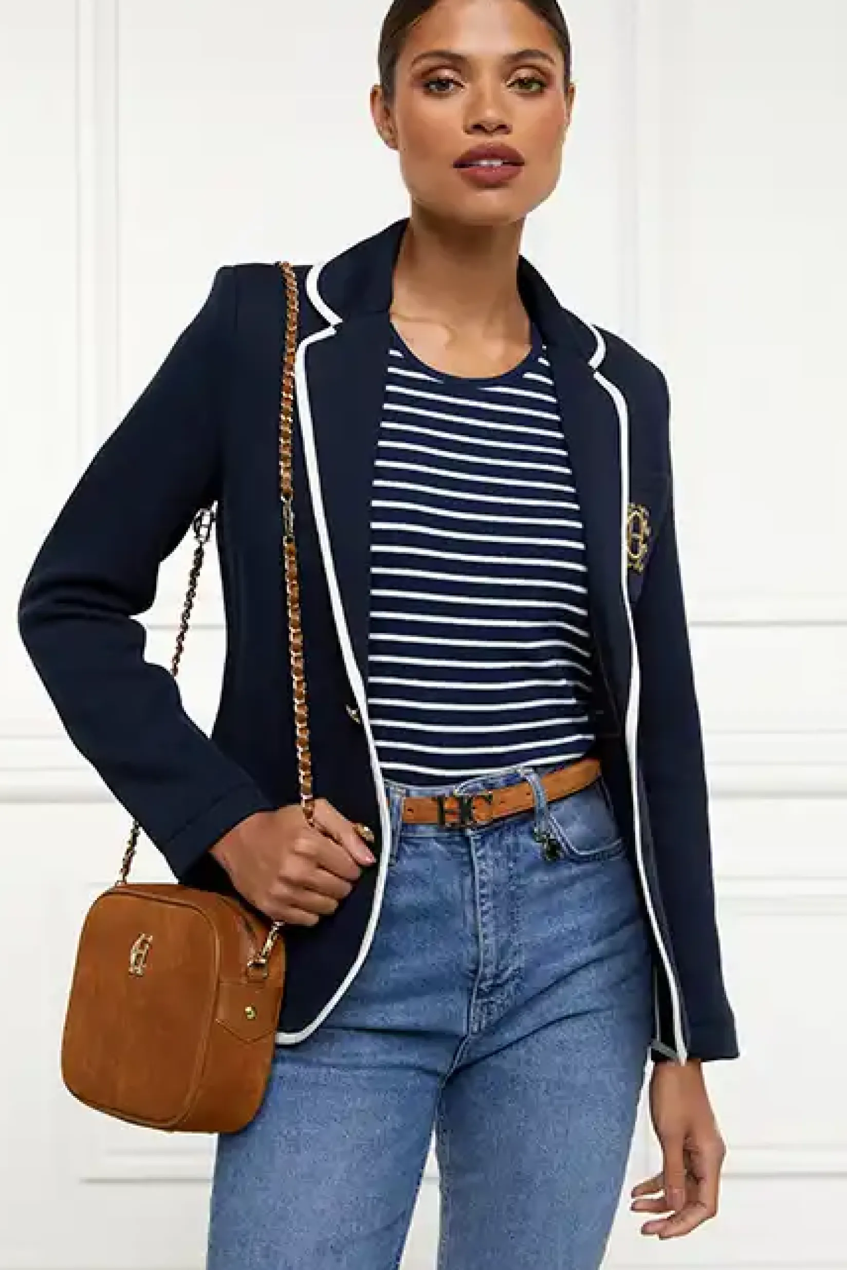 Holland Cooper Tees|Casualwear-Padstow Crew Neck Tee Ink Navy Natural Stripe