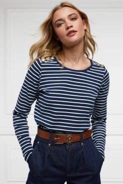 Holland Cooper Tees|Tops-Padstow Long Sleeve Crew Neck Tee Ink Navy Natural Stripe