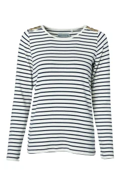 Holland Cooper Tees|Tops-Padstow Long Sleeve Crew Neck Tee Natural Ink Navy Stripe