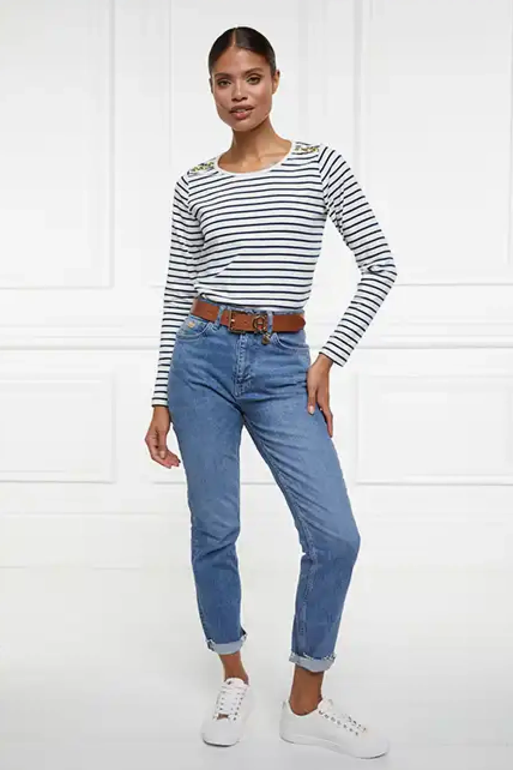 Holland Cooper Tees|Tops-Padstow Long Sleeve Crew Neck Tee Natural Ink Navy Stripe