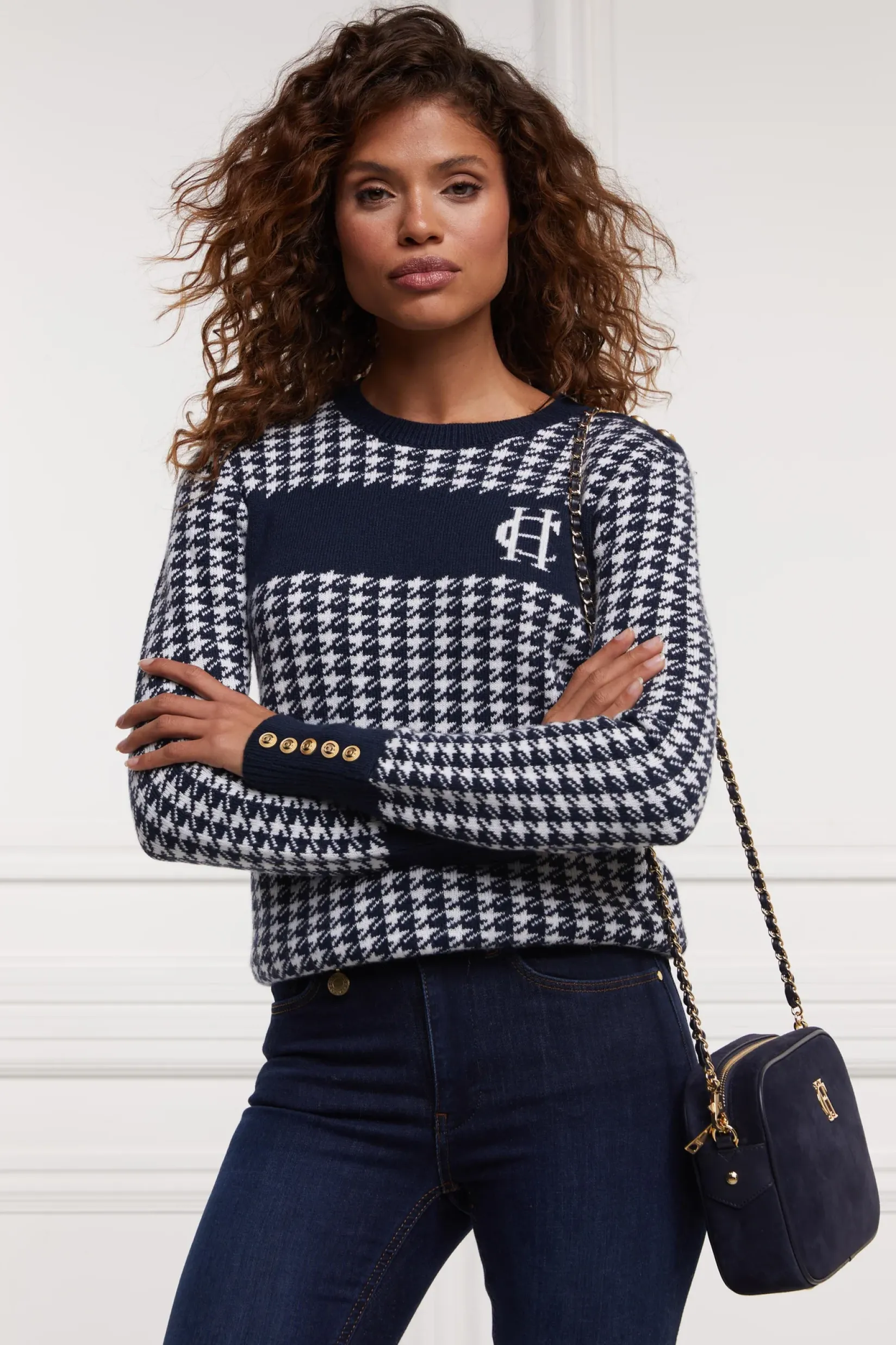 Holland Cooper Knitwear-Panel Crew Neck Knit Ink Navy