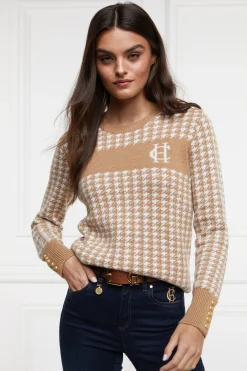 Holland Cooper Knitwear-Panel Crew Neck Knit Camel Houndstooth