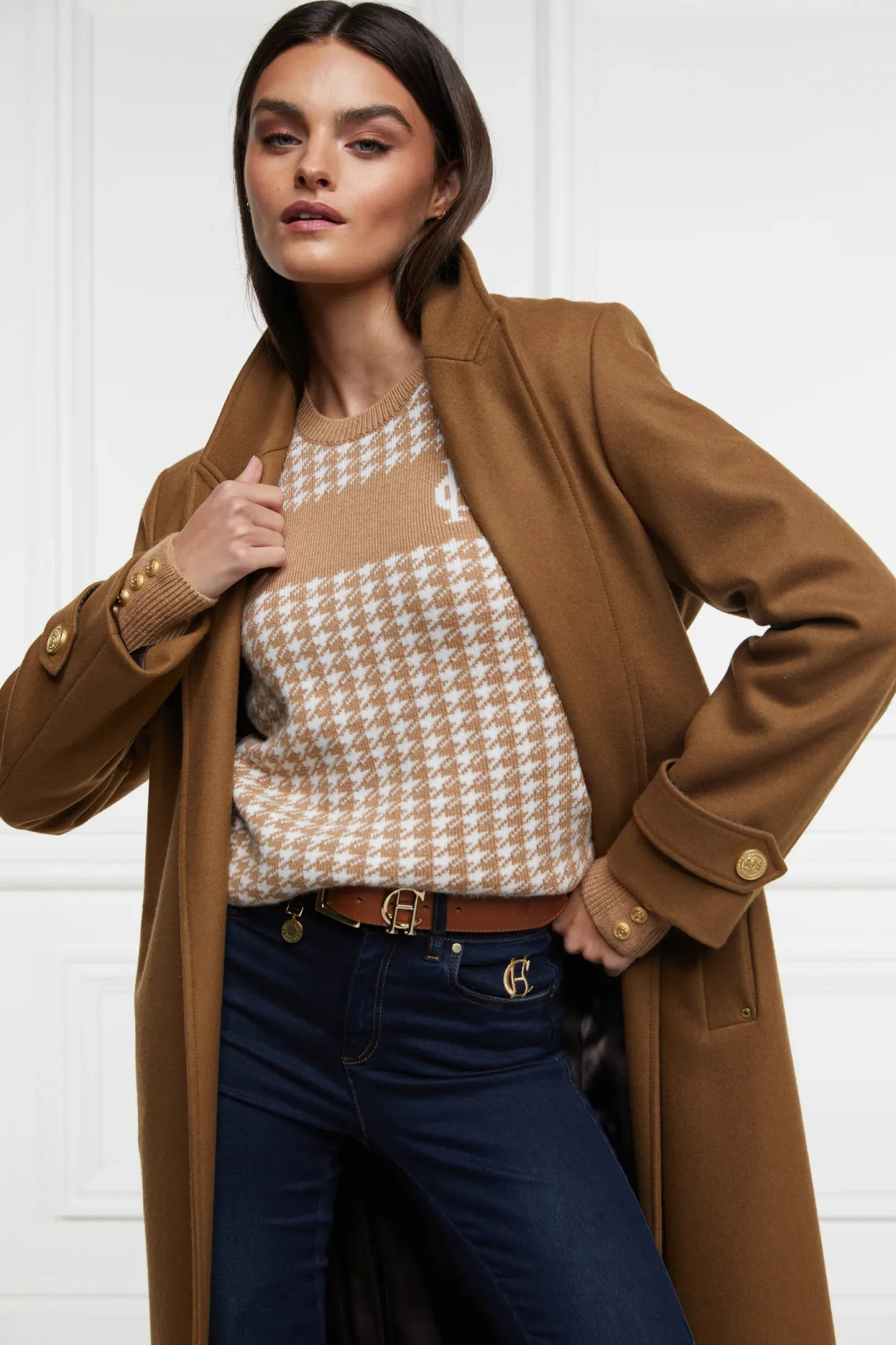 Holland Cooper Knitwear-Panel Crew Neck Knit Camel Houndstooth
