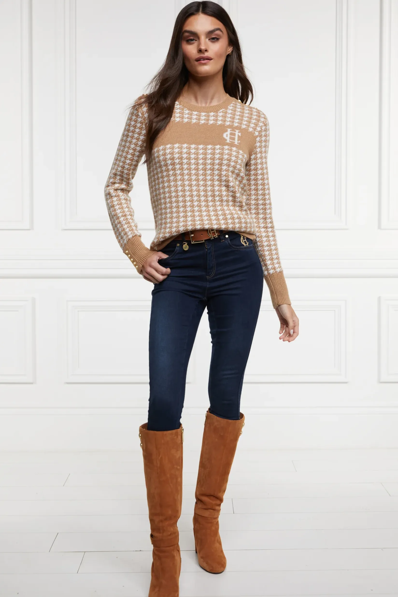 Holland Cooper Knitwear-Panel Crew Neck Knit Camel Houndstooth