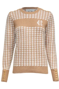 Holland Cooper Knitwear-Panel Crew Neck Knit Camel Houndstooth