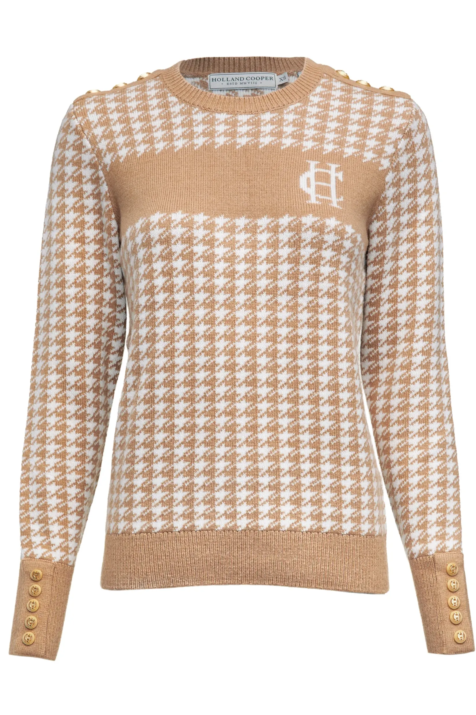 Holland Cooper Knitwear-Panel Crew Neck Knit Camel Houndstooth