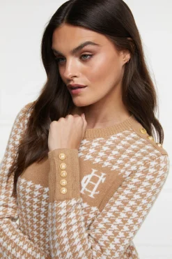 Holland Cooper Knitwear-Panel Crew Neck Knit Camel Houndstooth