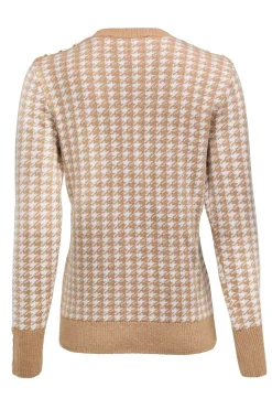 Holland Cooper Knitwear-Panel Crew Neck Knit Camel Houndstooth