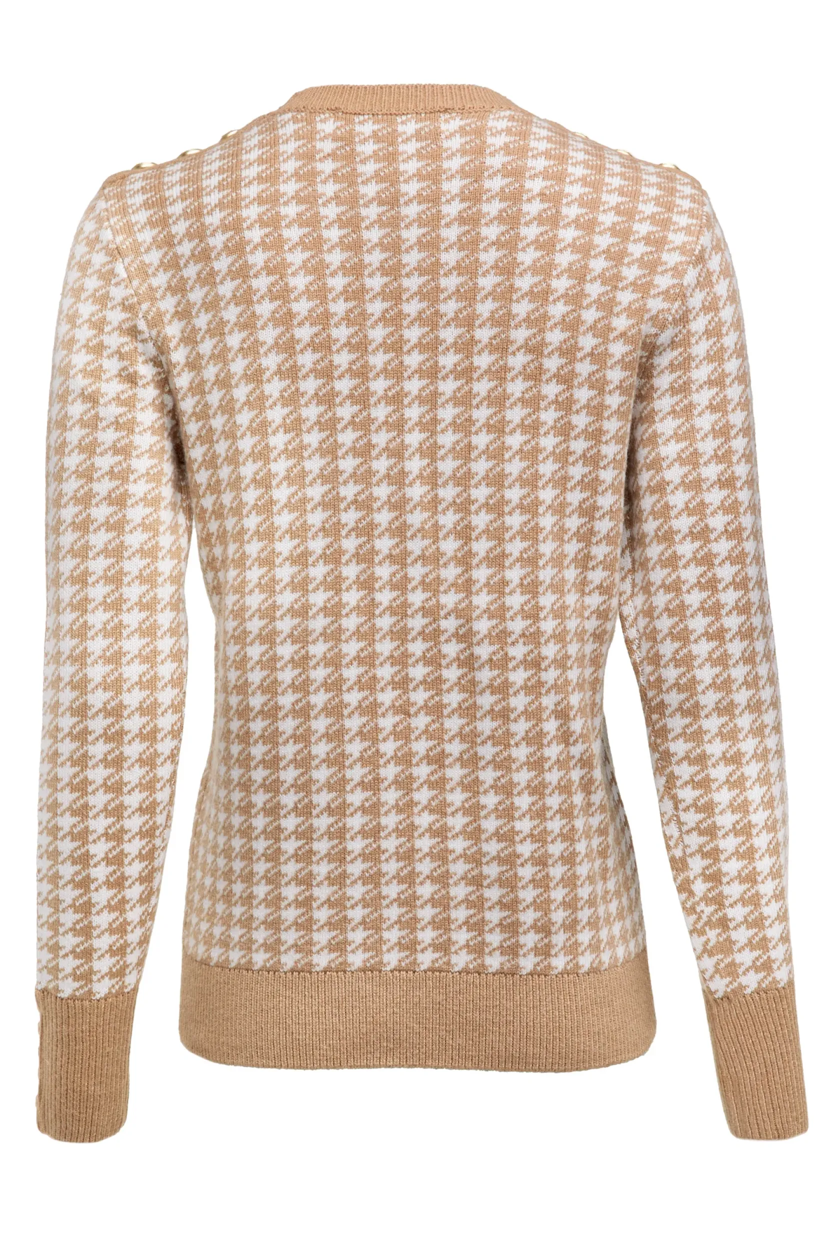 Holland Cooper Knitwear-Panel Crew Neck Knit Camel Houndstooth
