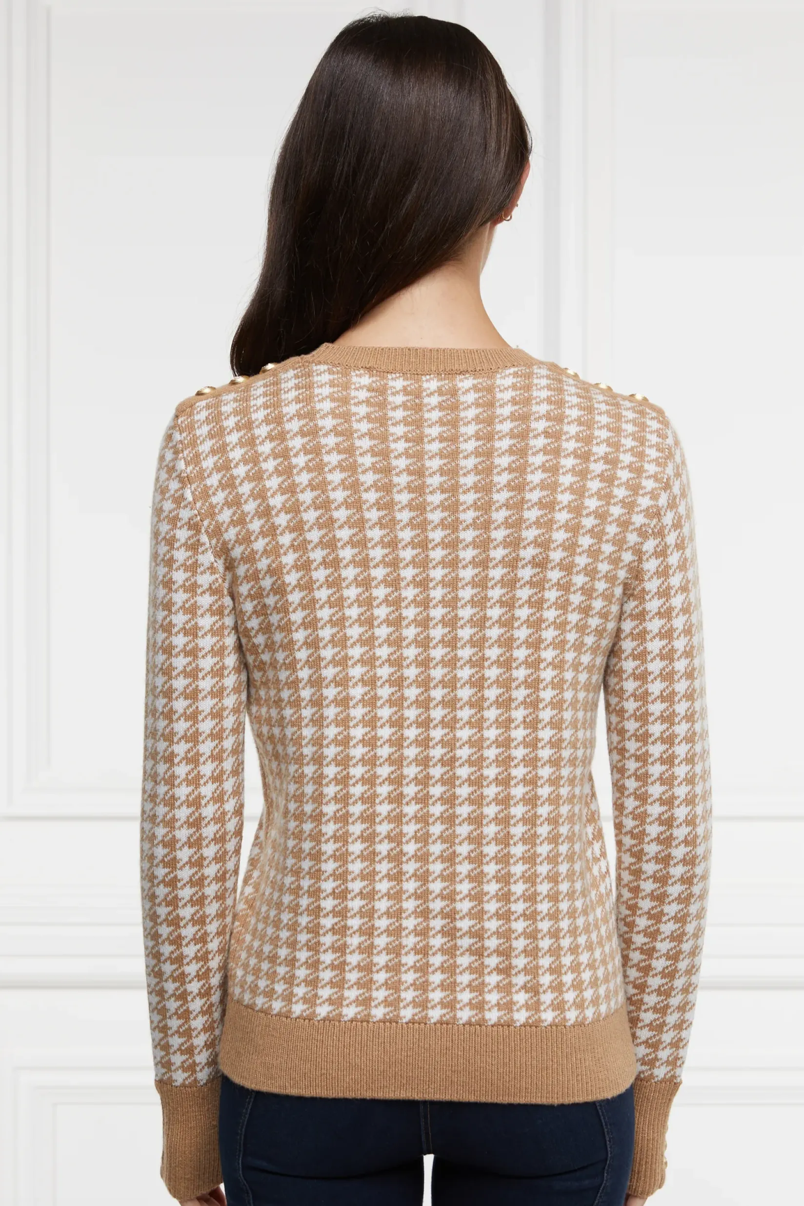 Holland Cooper Knitwear-Panel Crew Neck Knit Camel Houndstooth