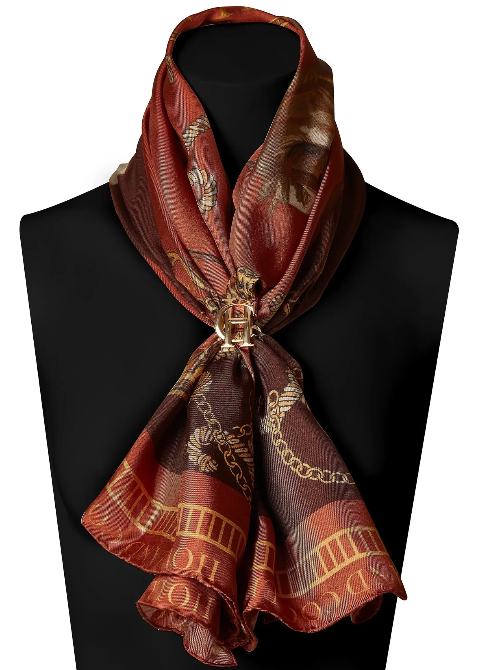 Holland Cooper Gifts For Her|Scarves-Regal Horse Silk Scarf Caramel
