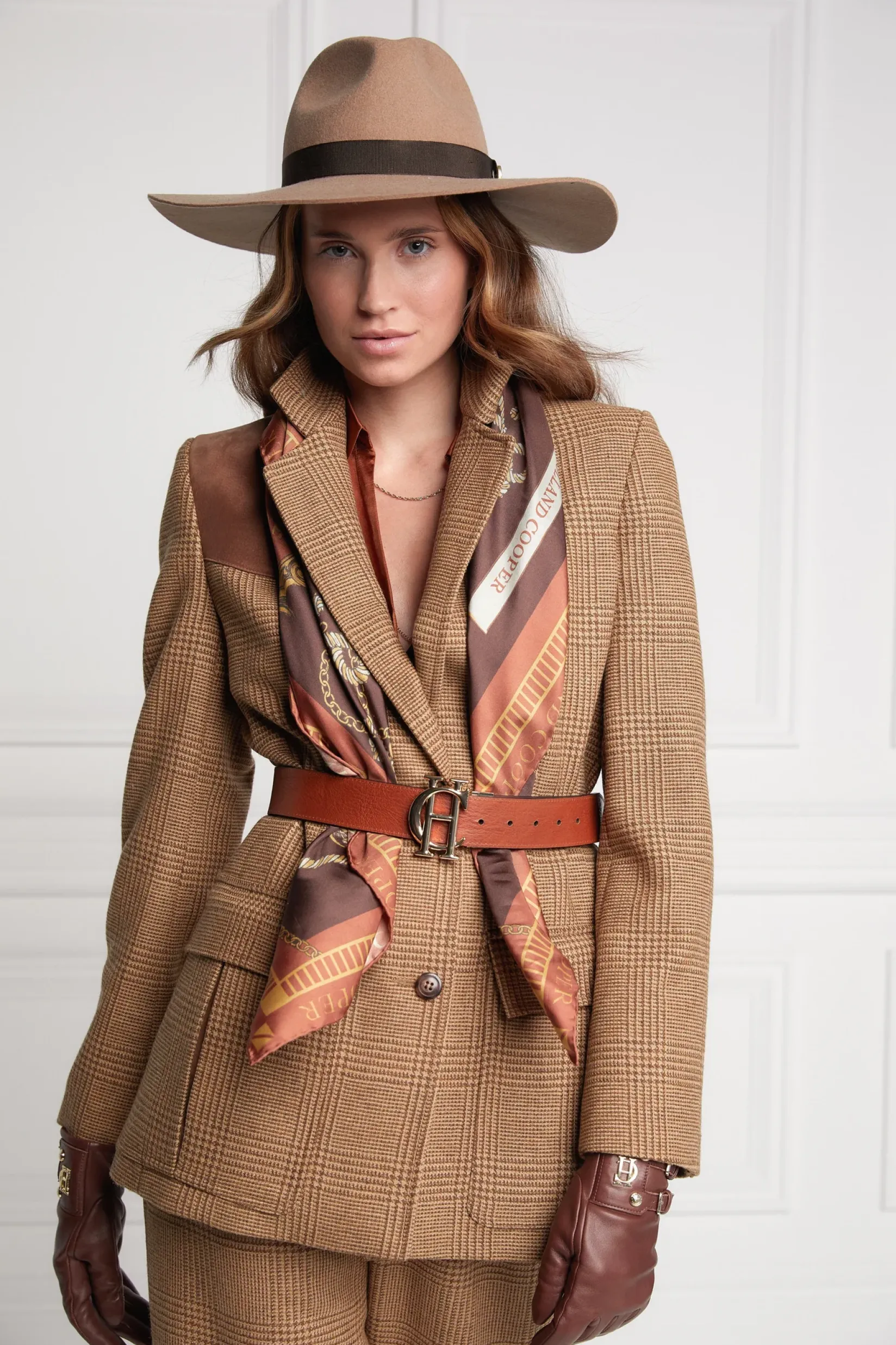 Holland Cooper Gifts For Her|Scarves-Regal Horse Silk Scarf Caramel