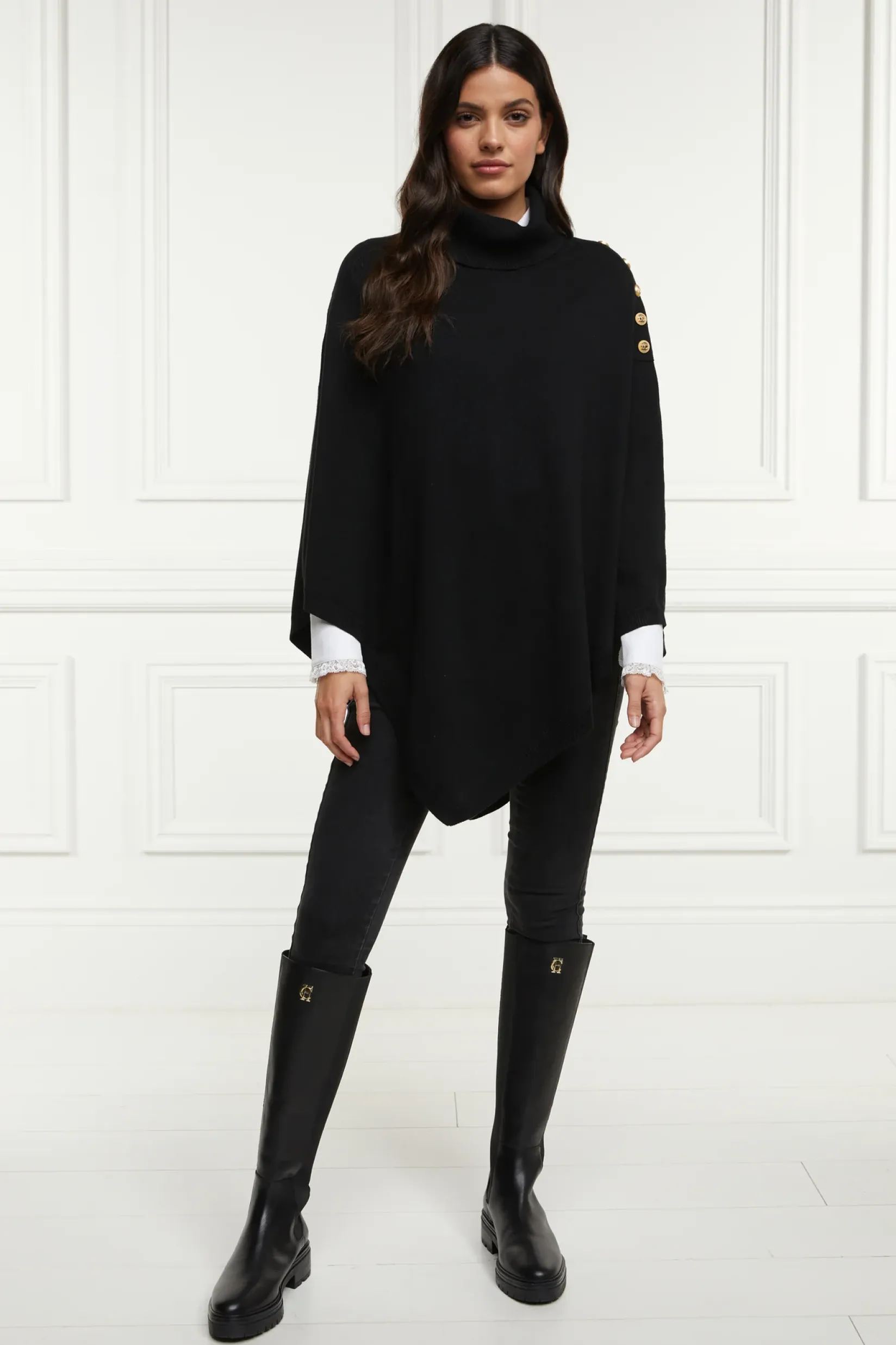 Holland Cooper Knitwear|Capes-Roll Neck Cape Black