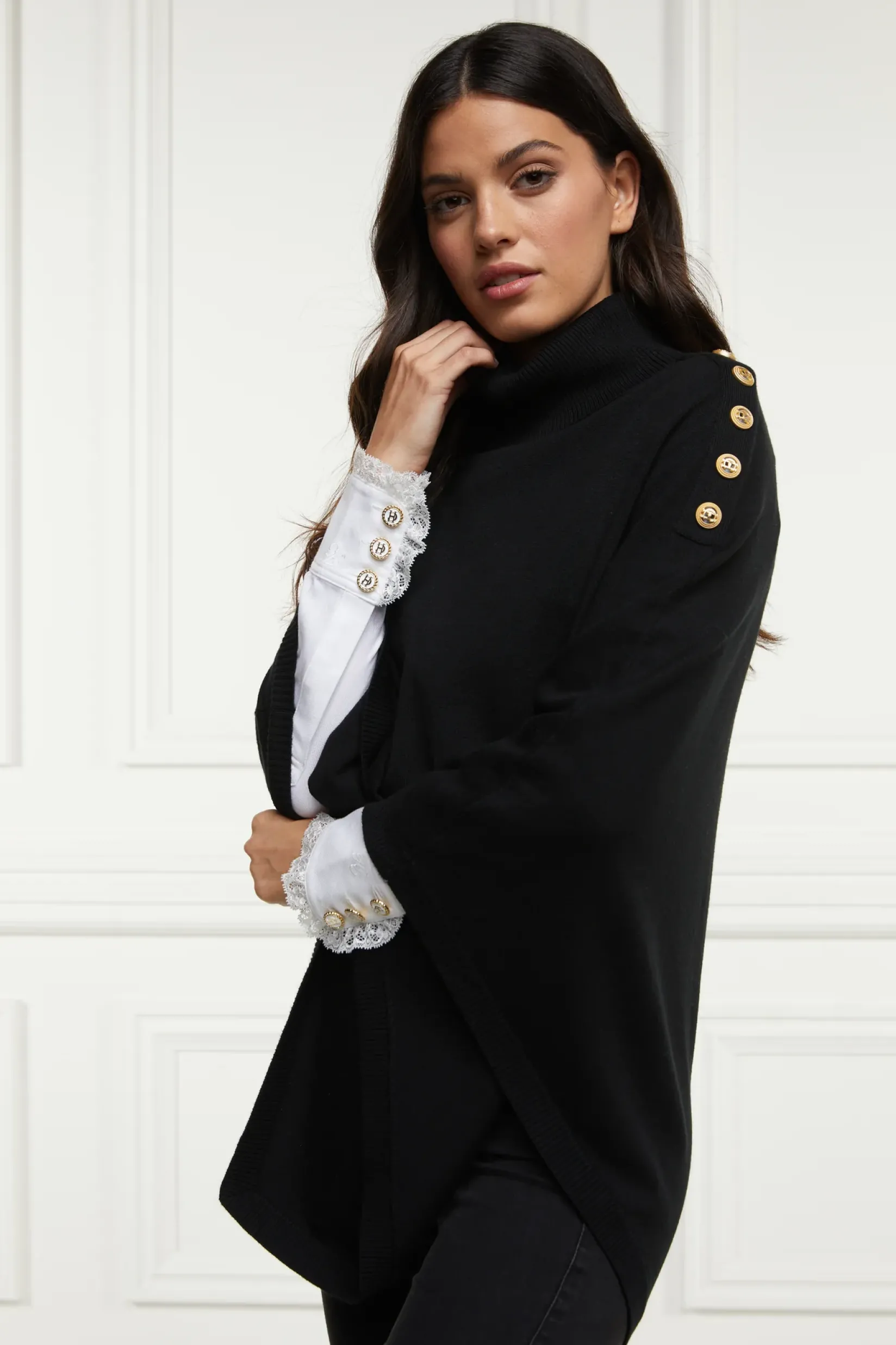 Holland Cooper Knitwear|Capes-Roll Neck Cape Black