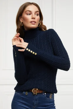Holland Cooper Knitwear-Seattle Roll Neck Cable Knit Ink Navy
