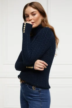 Holland Cooper Knitwear-Seattle Roll Neck Cable Knit Ink Navy
