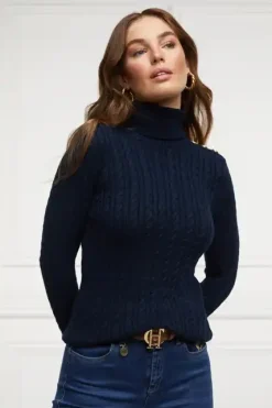 Holland Cooper Knitwear-Seattle Roll Neck Cable Knit Ink Navy