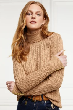 Holland Cooper Knitwear|Bump Friendly Collection-Seattle Roll Neck Cable Knit Dark Camel Marl