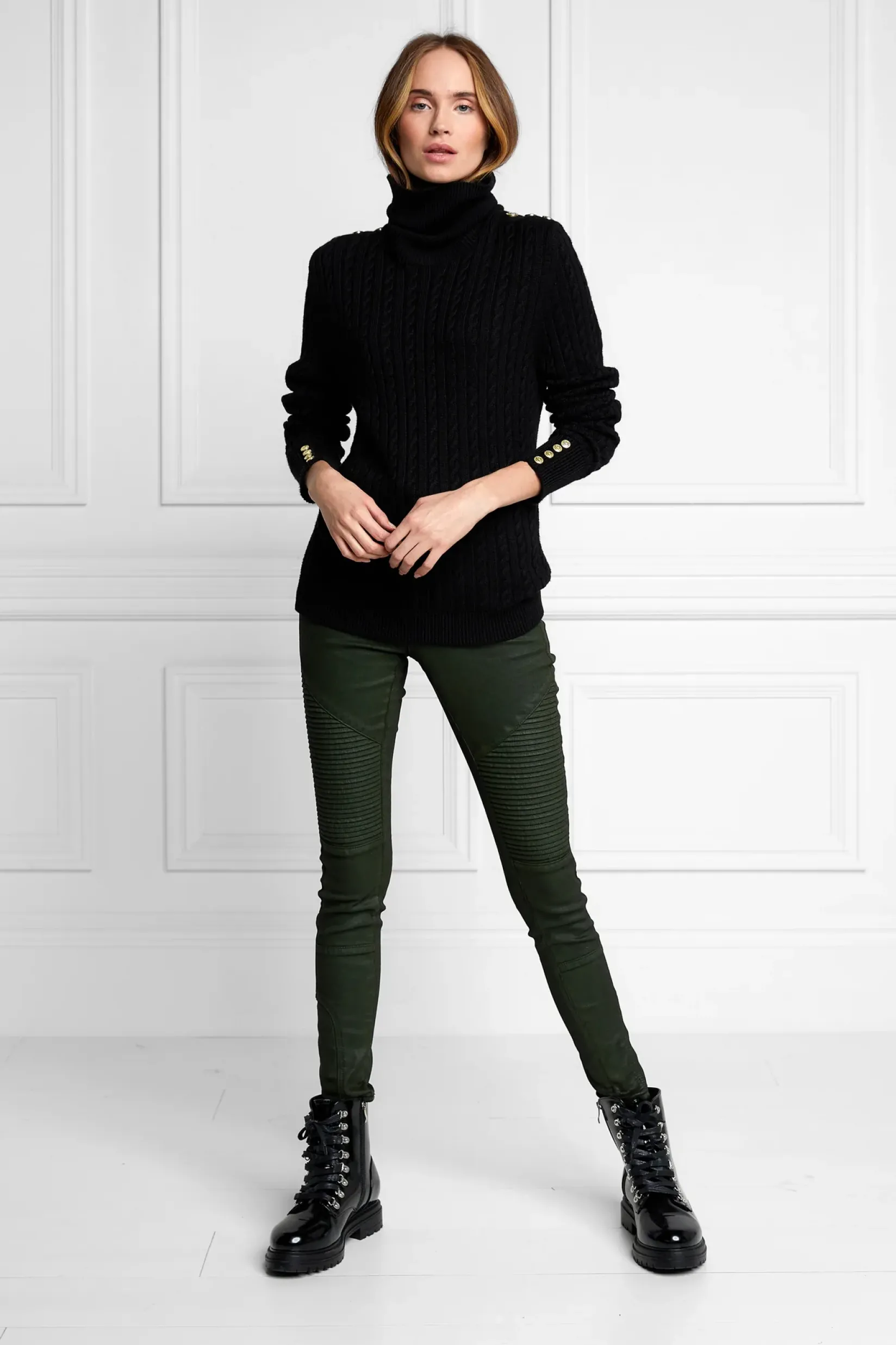 Holland Cooper Knitwear|Wardrobe Staples-Seattle Roll Neck Cable Knit Black