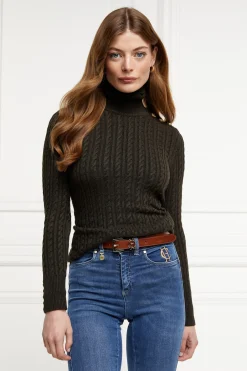 Holland Cooper Knitwear|Wardrobe Staples-Seattle Roll Neck Cable Knit Fern Green
