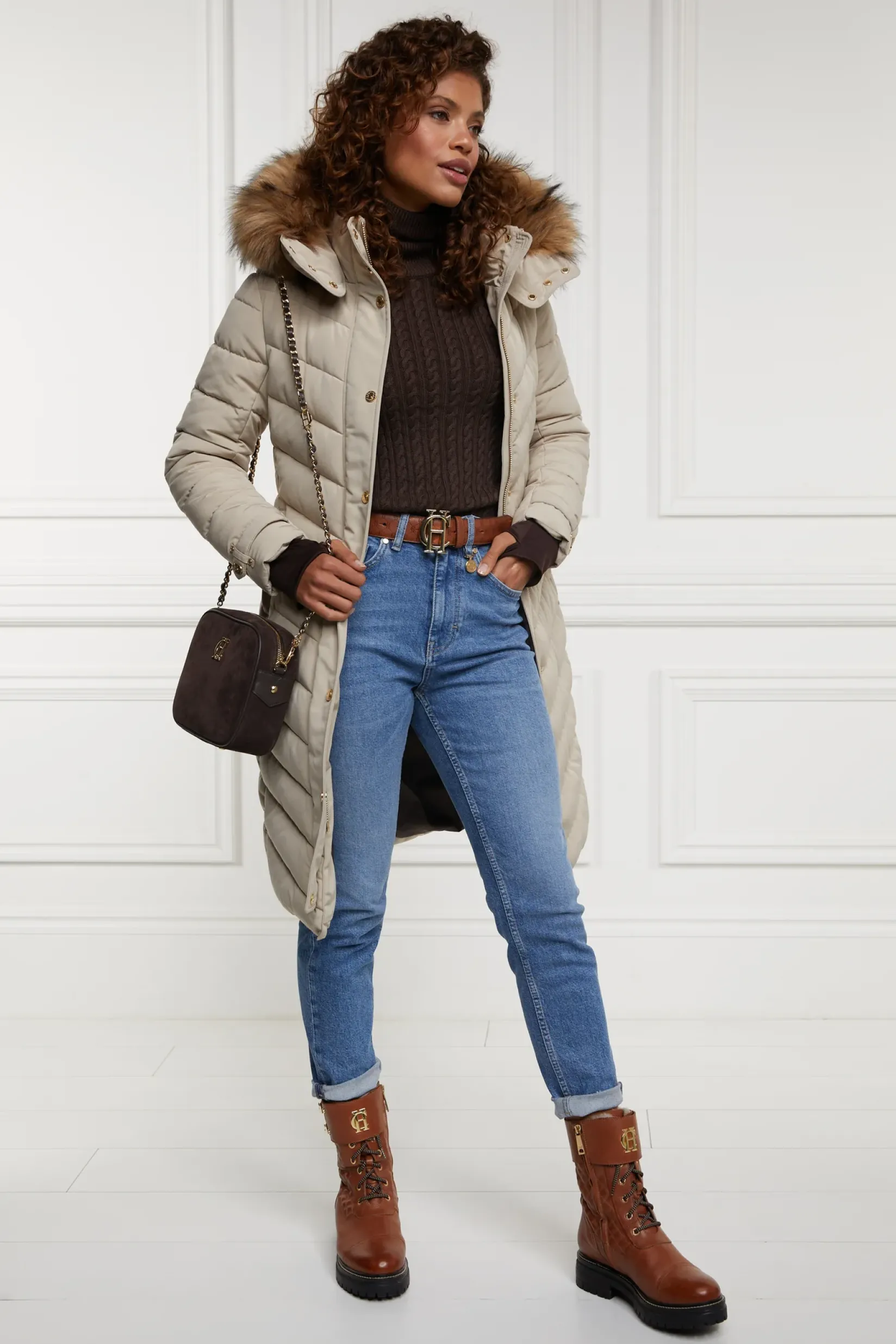 Holland Cooper Knitwear-Seattle Roll Neck Cable Knit Chocolate