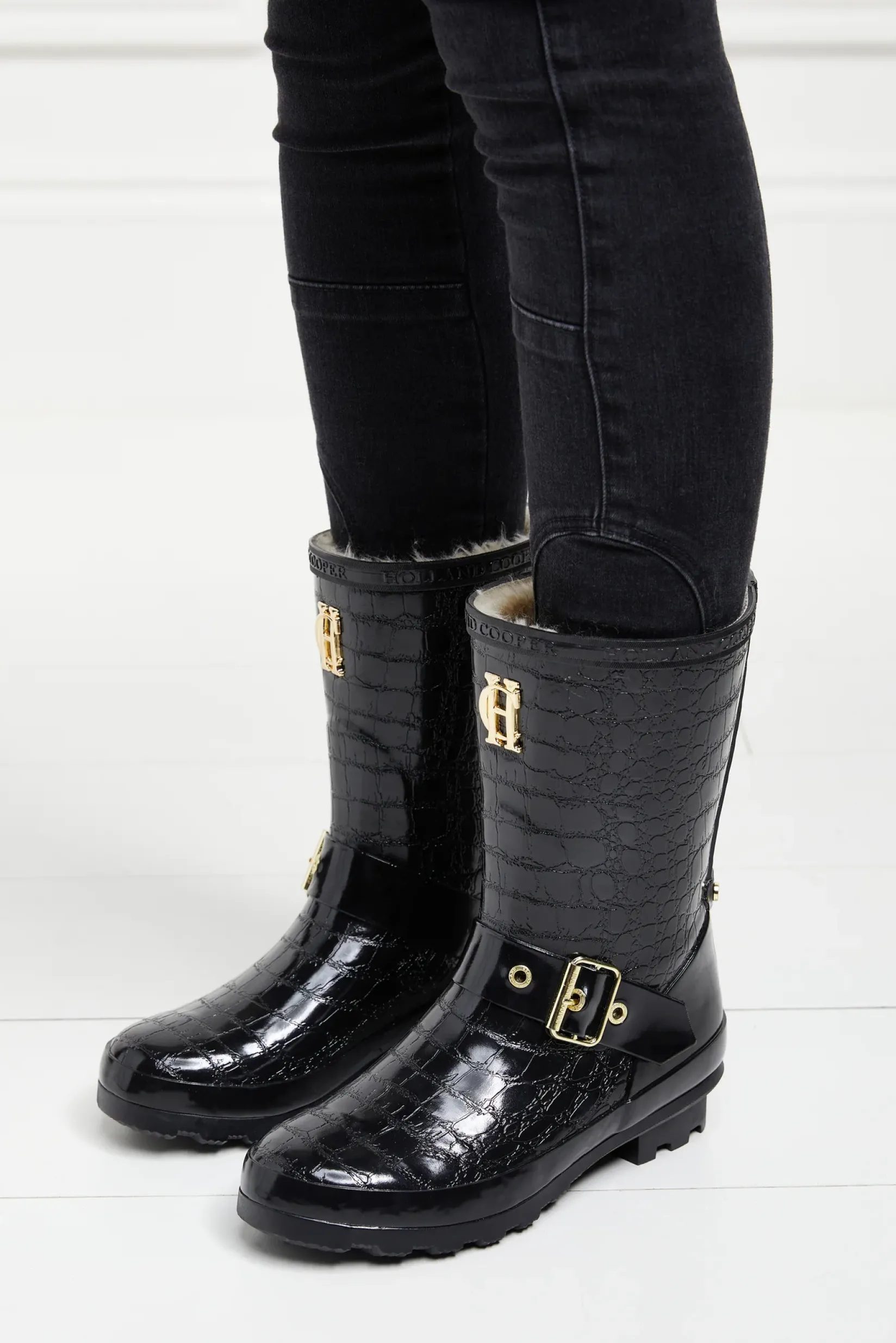 Holland Cooper Wellington Boots|Footwear-Sherpa Lined Chelsea Wellington Black Croc