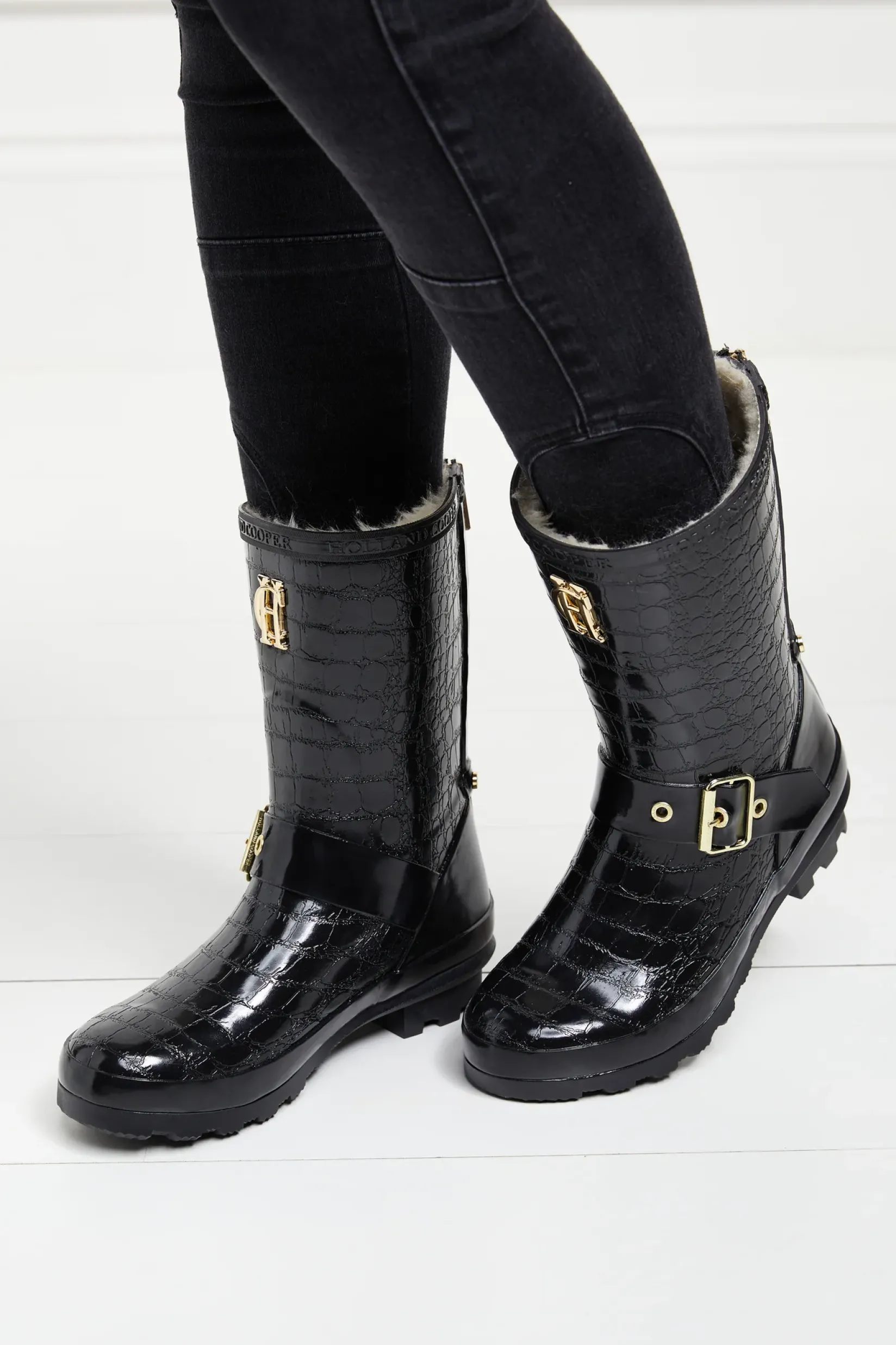 Holland Cooper Wellington Boots|Footwear-Sherpa Lined Chelsea Wellington Black Croc