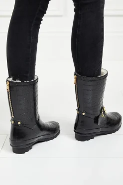 Holland Cooper Wellington Boots|Footwear-Sherpa Lined Chelsea Wellington Black Croc