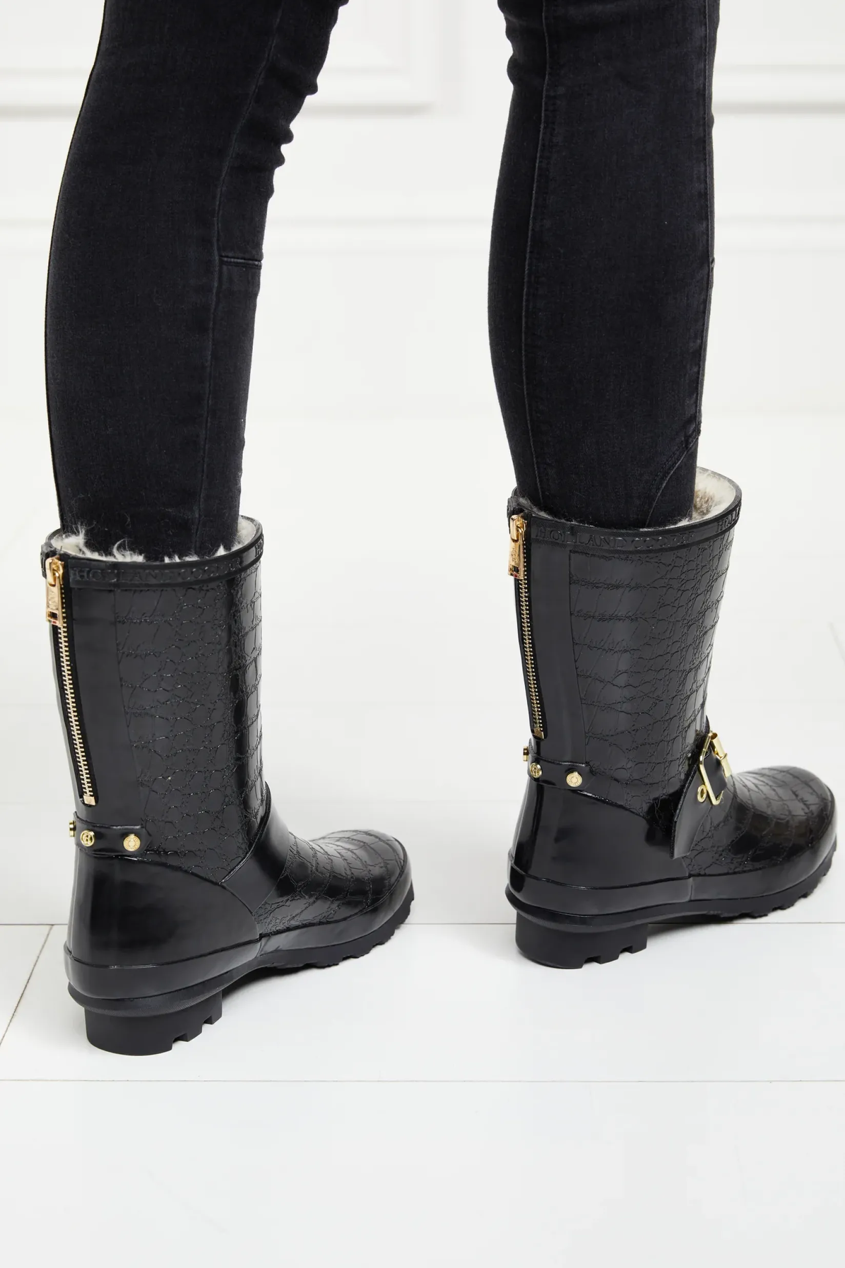 Holland Cooper Wellington Boots|Footwear-Sherpa Lined Chelsea Wellington Black Croc