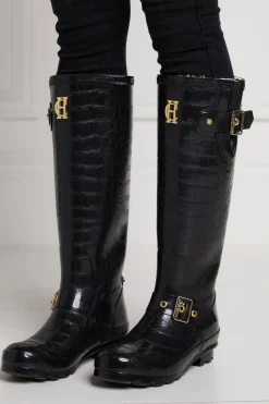 Holland Cooper Wellington Boots|Footwear-Sherpa Lined Regency Wellington Black Croc
