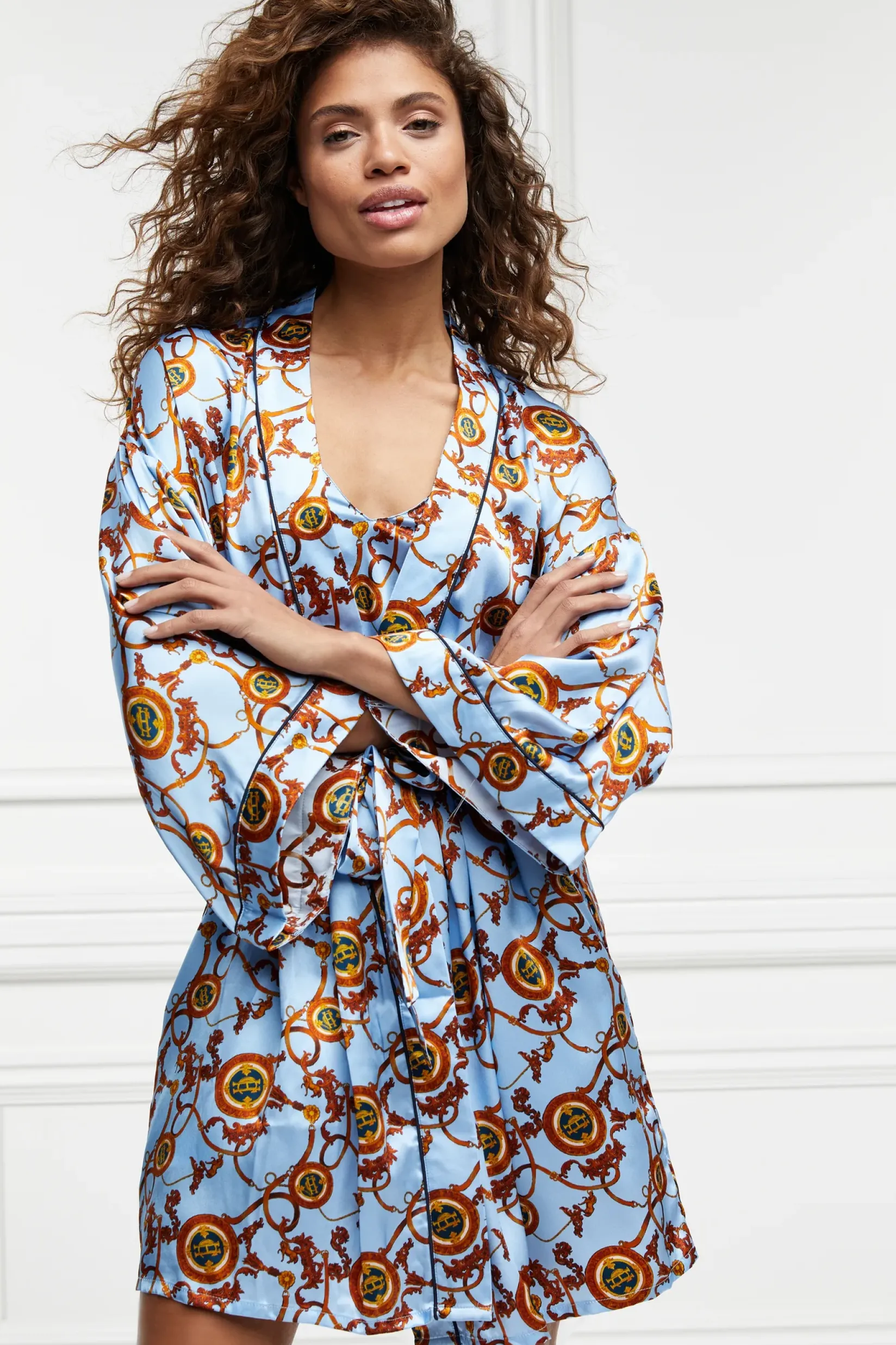 Holland Cooper Sleepwear-Silk Dressing Gown Sky Blue