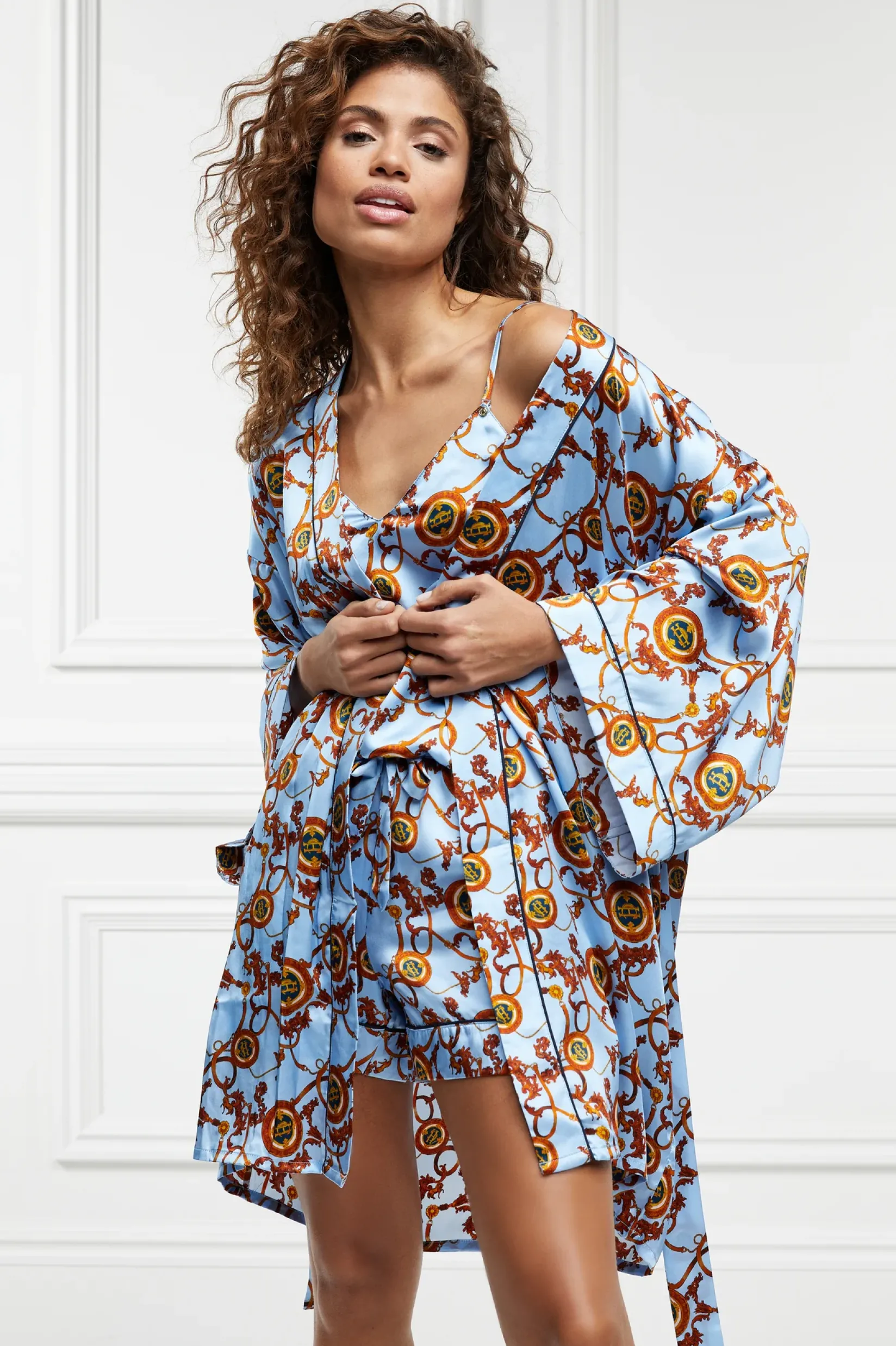 Holland Cooper Sleepwear-Silk Dressing Gown Sky Blue