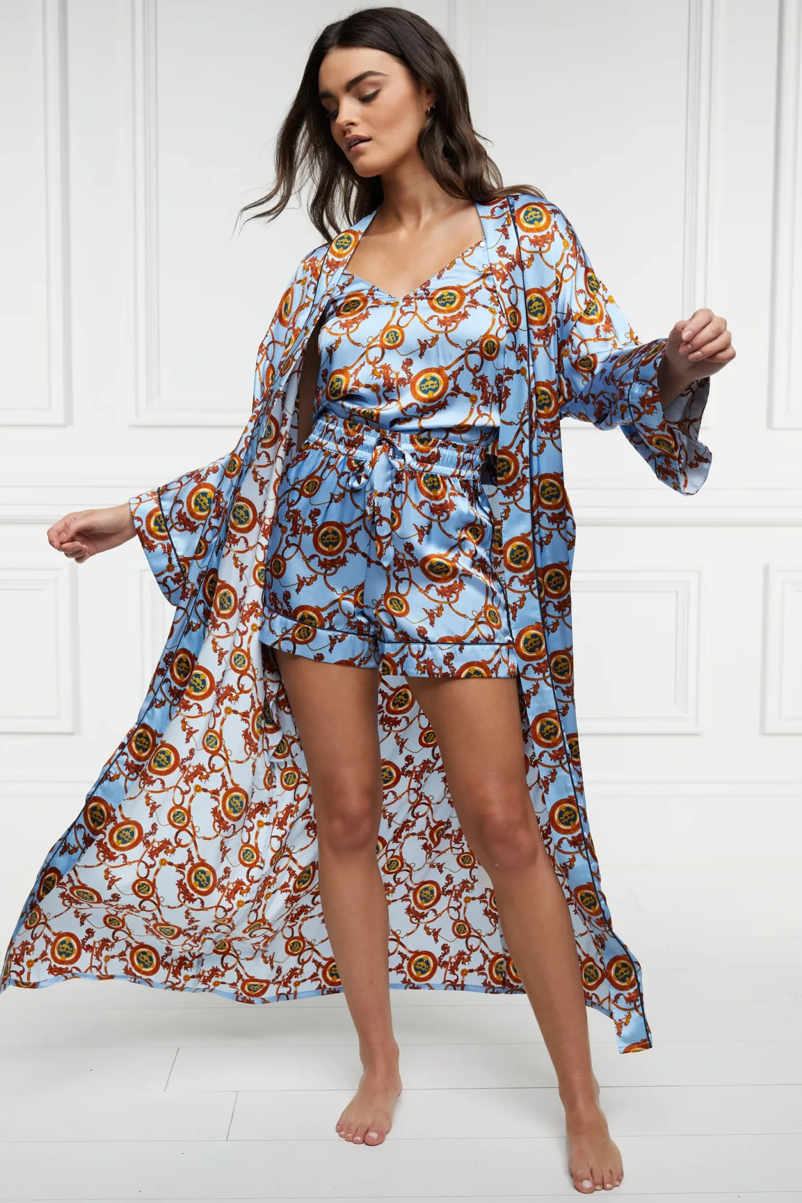 Holland Cooper Sleepwear-Silk Full Length Dressing Gown Sky Blue