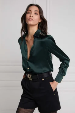 Holland Cooper Gifts For Her|Shirts & Blouses-Silk V-Neck Blouse Emerald